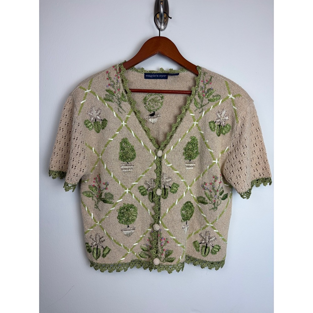 Eagles Eye Cardigan M Tan Sweater Floral Topiary Plants Tree Vintage Embroidered
